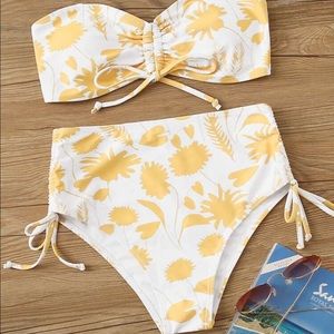 Floral Print Drawstring Bandeau Bikini Set